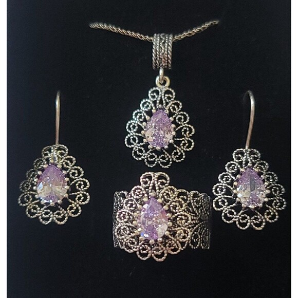 925 Sterling Silver Turkish Filigree Wedding Jewelry Set for Women, HandmadeGift - Picture 2 of 10